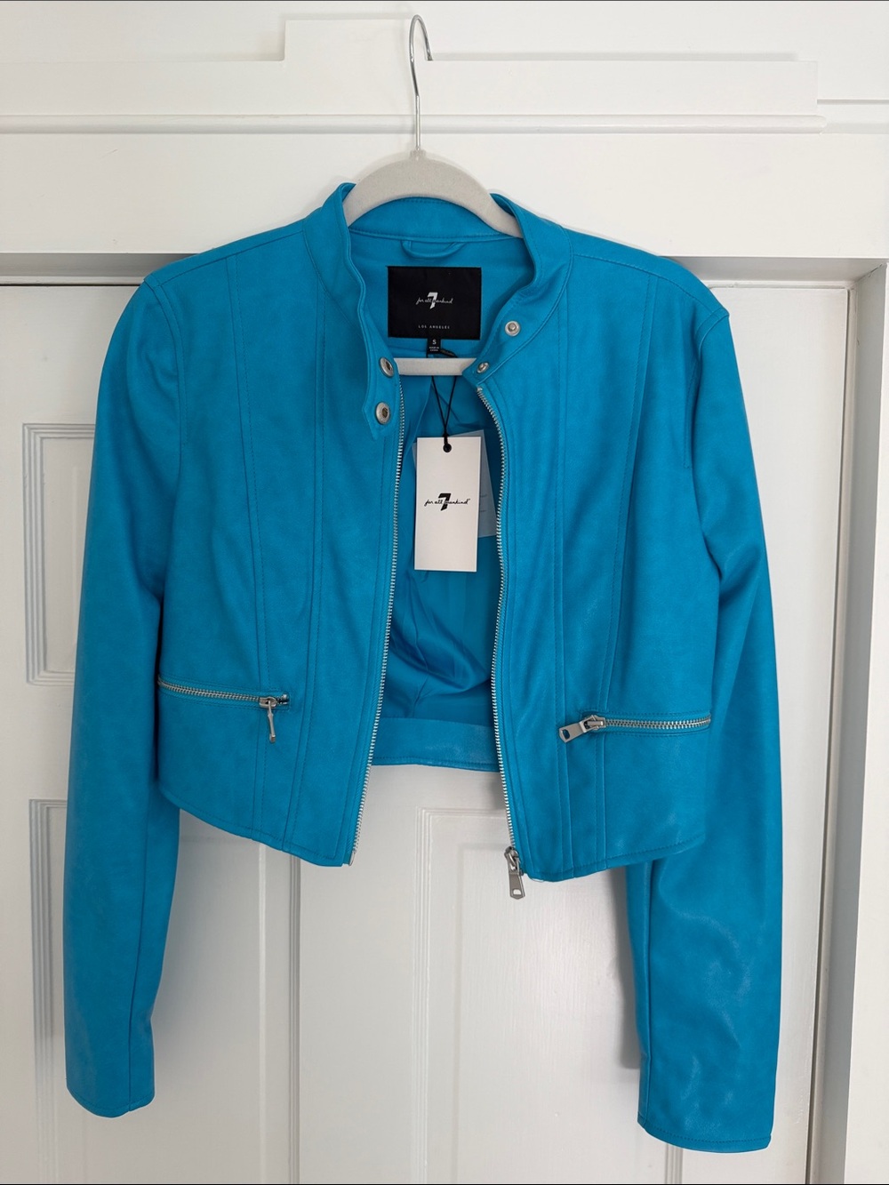 7 For All Mankind Bright Turquoise Cropped Leather Moto Jacket